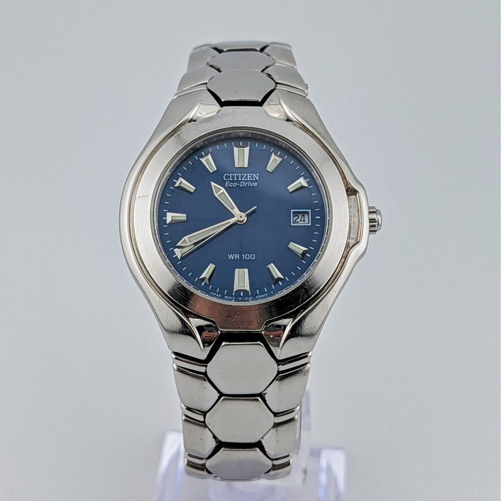 Citizen Eco-Drive Blue Dial WR100 Stainless Steel Watch E110-K16385 WR100 Lume